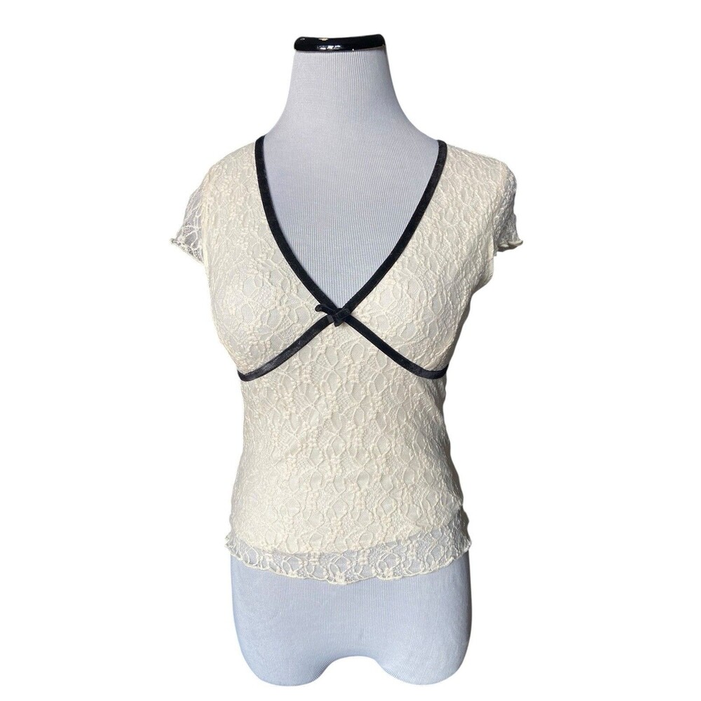 Y2K Ivory‎ Lace Empire Waist Mesh Top Black Trim Size M Coquette Angelcore Fairy